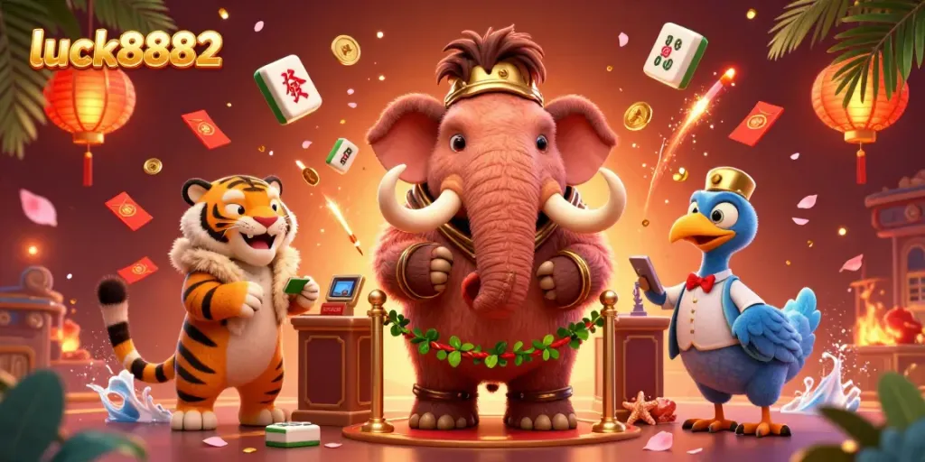Engage with luck8882 as a mammoth bouncer welcomes VIPs in a vibrant casino scene.