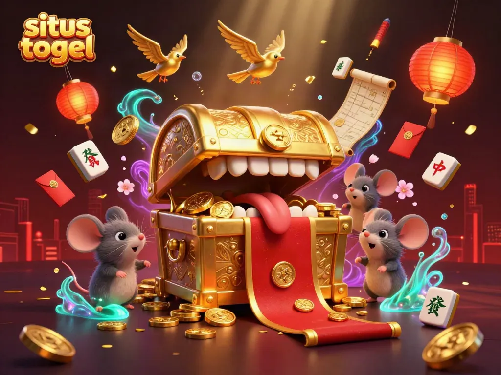 Engage with situs togel in this vibrant 3D illustration of treasure chests and animated casino elements.