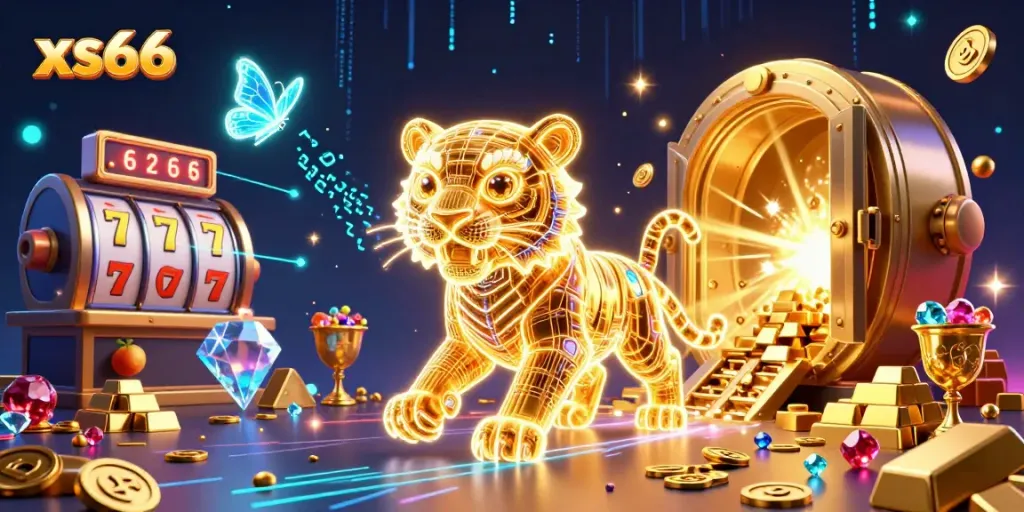 Engage with the vivid xs66 casino scene featuring a golden tiger and dynamism of slot machines.
