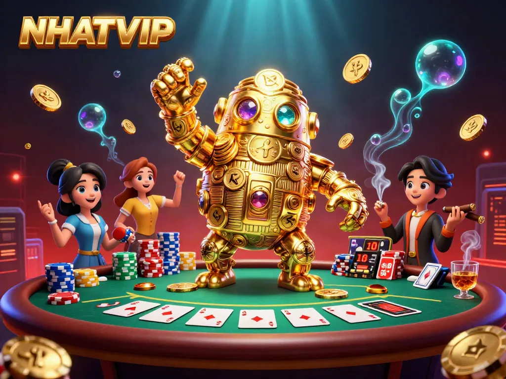 Experience the magic of NHATVIP with a golden golem and vibrant poker action.