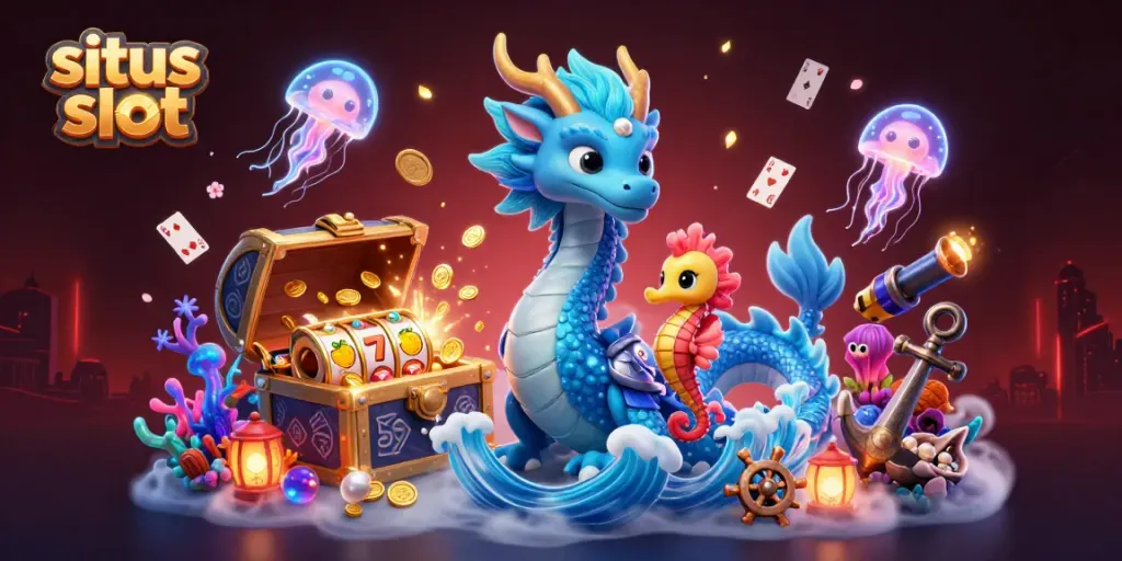 Menangkan jackpot di situs slot dengan ilustrasi naga laut dan simbol slot yang bercahaya.