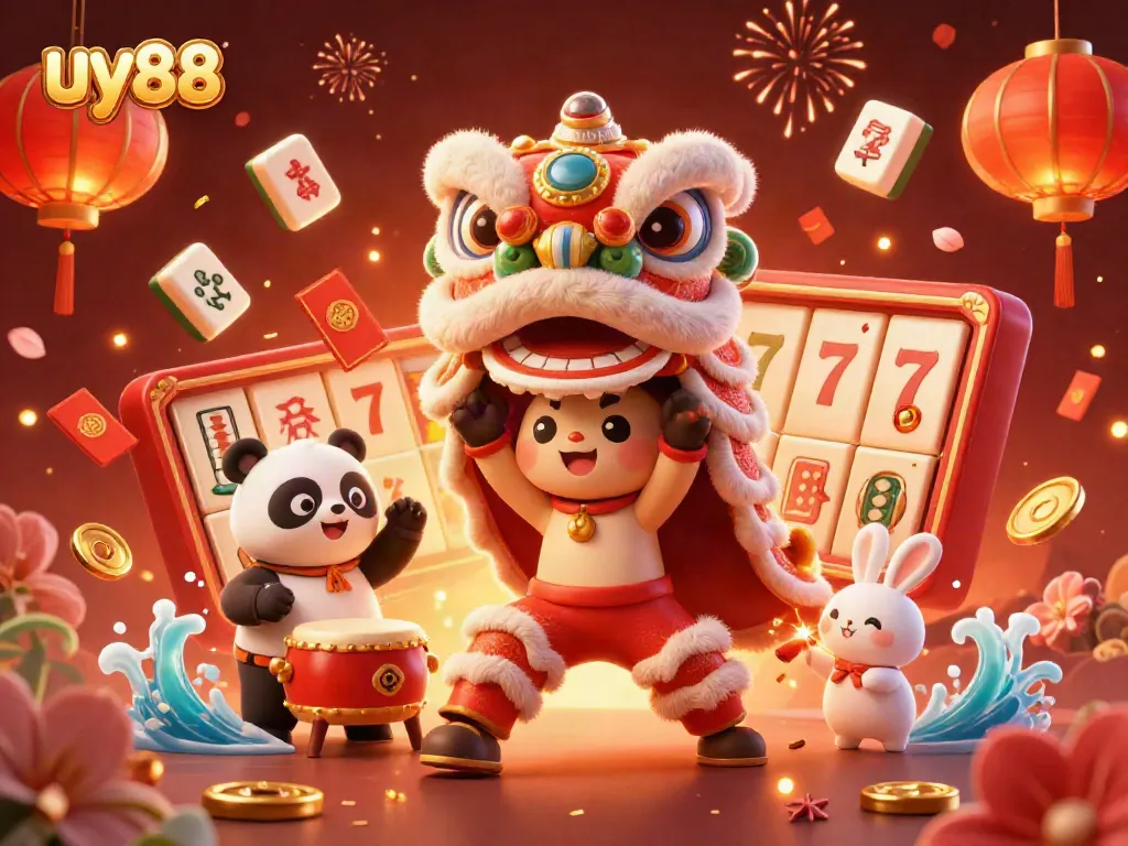Experience the vibrant energy of uy88 through a colorful casino-themed illustration showcasing lucky symbols and dynamic characters.