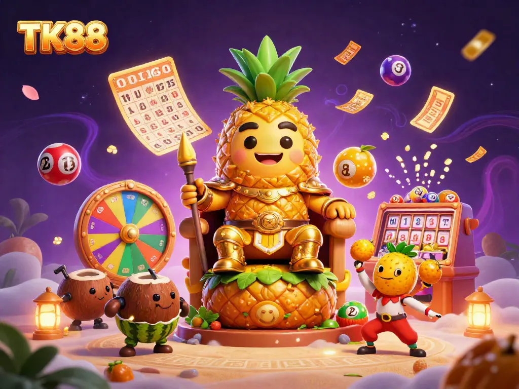 Experience exhilarating gaming action at TK88 with the golden pineapple king and vibrant lottery elements.
