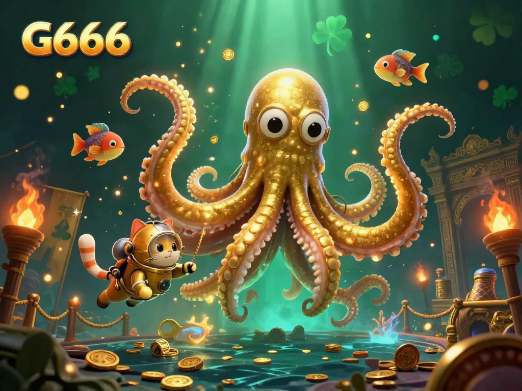 G666 showcases a vibrant 3D scene with a kraken and diving cat in a fantastical casino setting