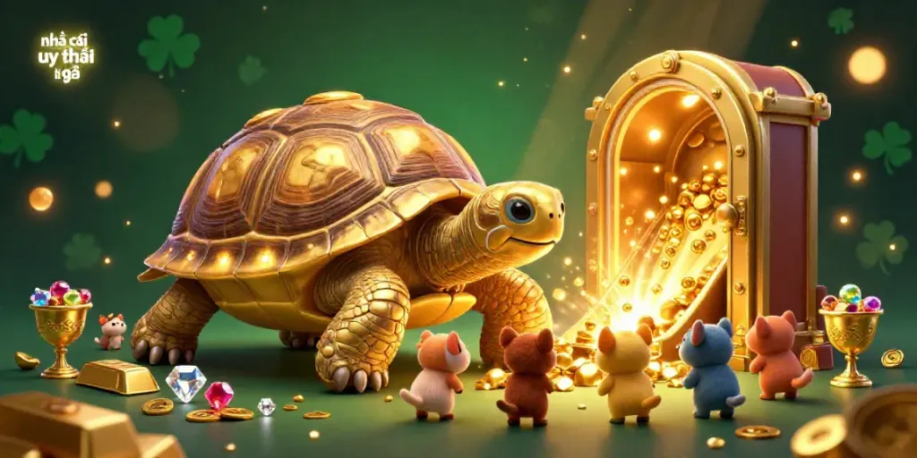 Engage with the colorful world of nhà cái uy tín là gì through this vibrant casino illustration featuring a golden tortoise playing pinball.