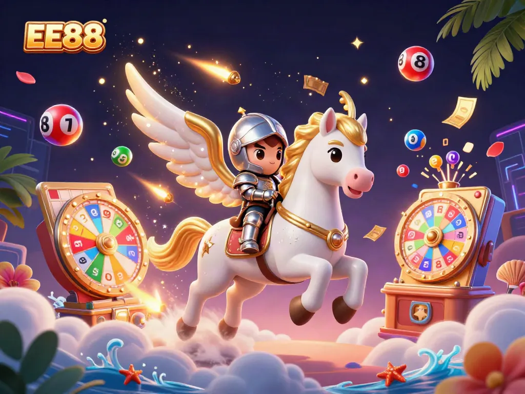 Experience the thrilling world of EE88 with vibrant lottery elements and fantasy characters.