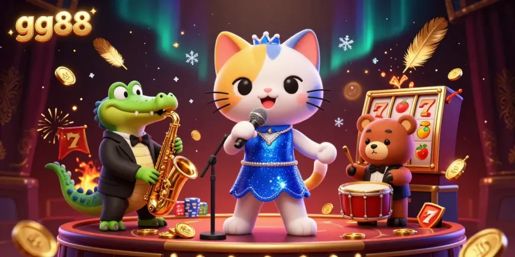 Experience the excitement of gg88 with a lively casino scene featuring a jazz-singer cat, saxophone crocodile, and drum-playing bear.