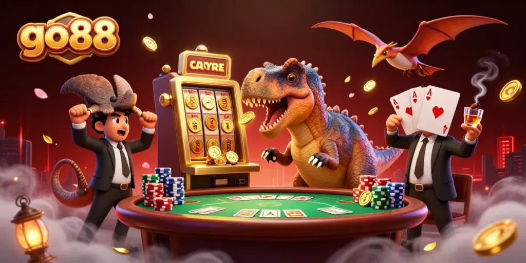 Experience go88 thrills as a pachycephalosaurus triggers a golden slot jackpot amidst vibrant casino action.