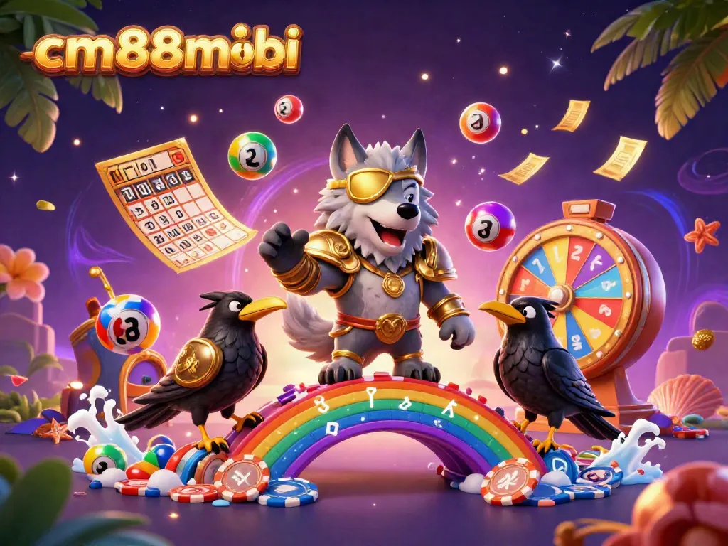Engage with the vibrant world of cm88mobi, featuring an Odin wolf and lottery elements in a lively casino setting.