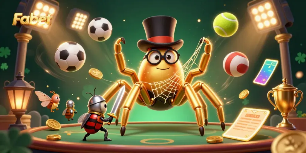 Experience thrilling moments at Fabet with a dynamic scene featuring engaging 3D characters and casino elements.