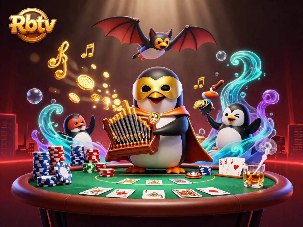 Rbtv menampilkan ilustrasi kasino dengan penguin opera yang unik, menembakkan koin emas.