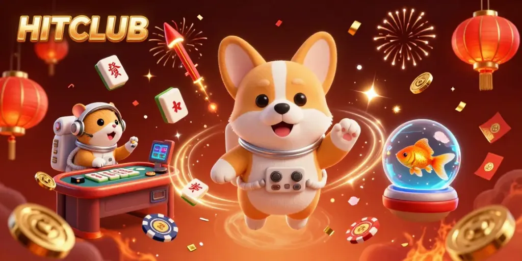 Experience the excitement of HITCLUB with a cosmic casino scene featuring playful characters and vibrant game elements.