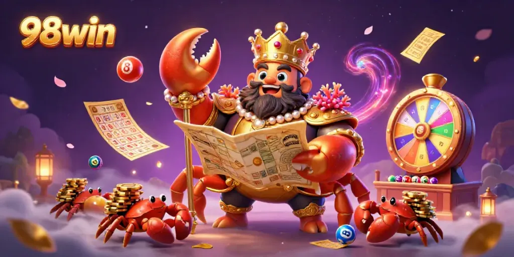 Experience the thrill of 98win with a detailed 3D illustration of a golden crab emperor ruling over a vibrant gambling scene.