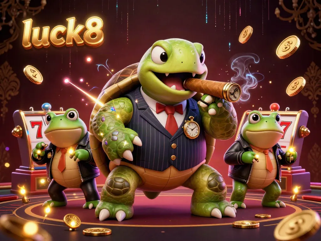 Experience top gaming excitement with luck8, featuring a mobster turtle and frog enforcers amid casino wonders.