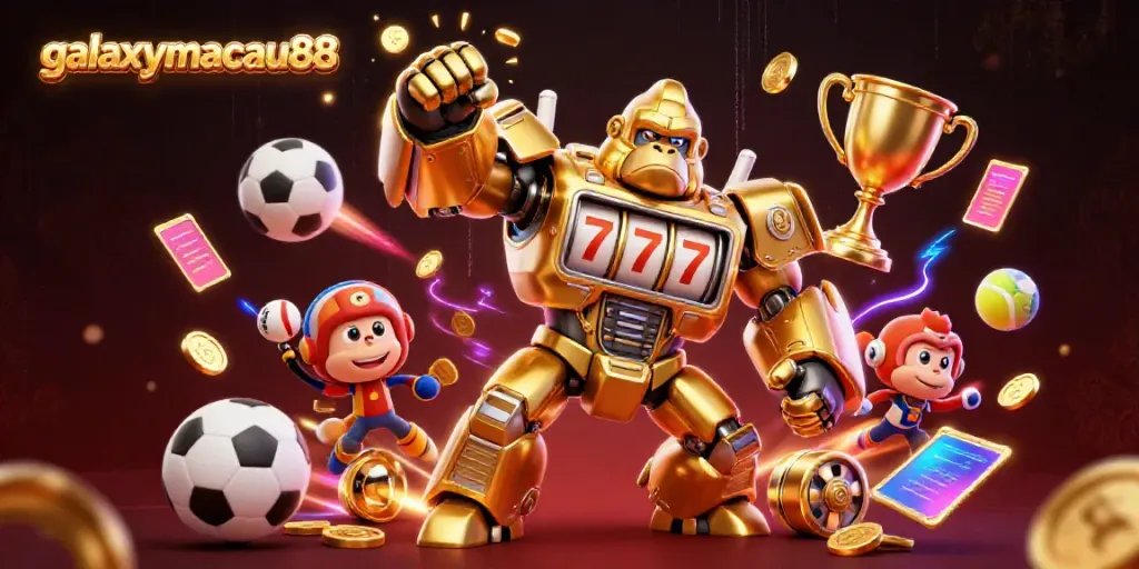 Engage with galaxymacau88 through a thrilling display of dynamic gaming action featuring a golden gorilla mech.