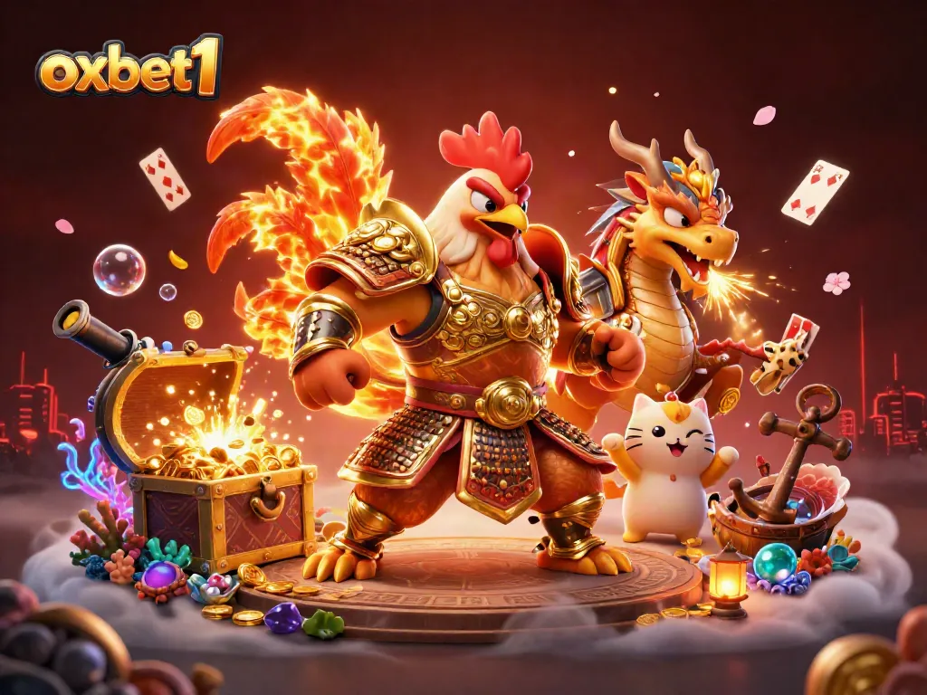 Experience thrilling gaming action with OXBET1's vibrant gaming scene featuring a roaring dragon and samurai rooster.