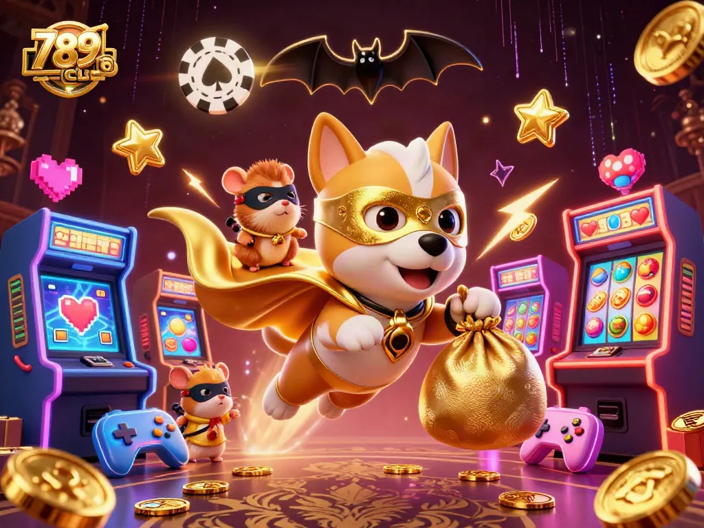 Engage with 789CLUB's vibrant 3D slots featuring dynamic characters amidst gold coins and gaming machines.
