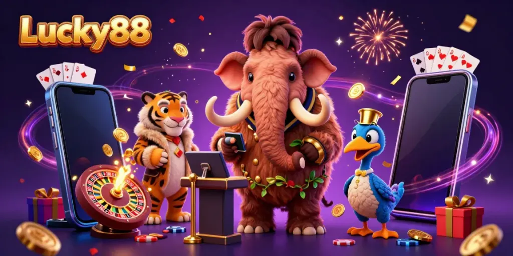 Experience the excitement of Lucky88 with a dynamic 3D illustration featuring a mammoth bouncer and vibrant casino elements.