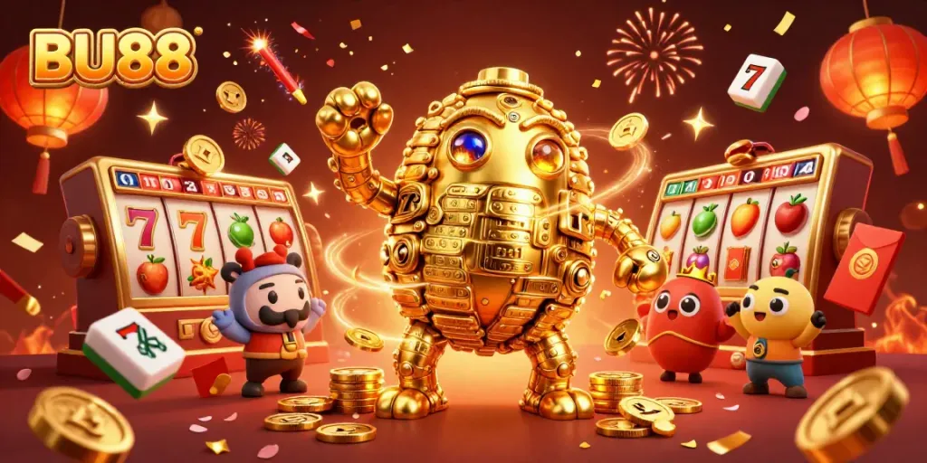Experience exhilarating wins with BU88's golden golem and casino elements in a vibrant scene.