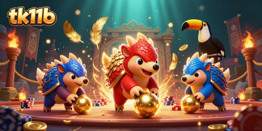 Engaging TK11 casino scene with cartoon pangolins competing in a vibrant gambling atmosphere.