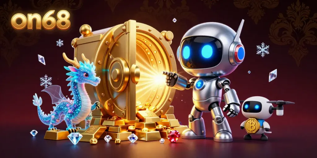 Spin to win with on68 as a cyberpunk mascot and AI companions celebrate around a treasure vault.