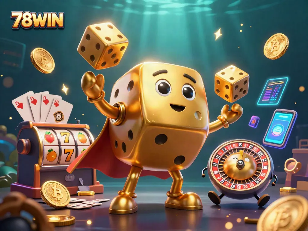 Engage in thrilling gameplay with 78WIN at a vibrant online casino showcasing golden dice and exciting slot reels.