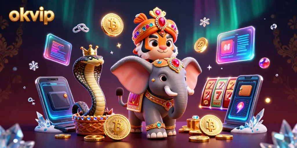 Experience excitement at okvip with an ornate elephant and tiger amidst glowing digital gambling elements.
