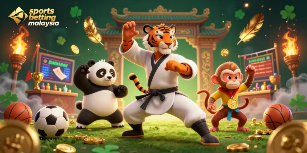 Engage in sports betting Malaysia with thrilling action featuring a kung fu tiger master, panda disciple, and playful monkey.