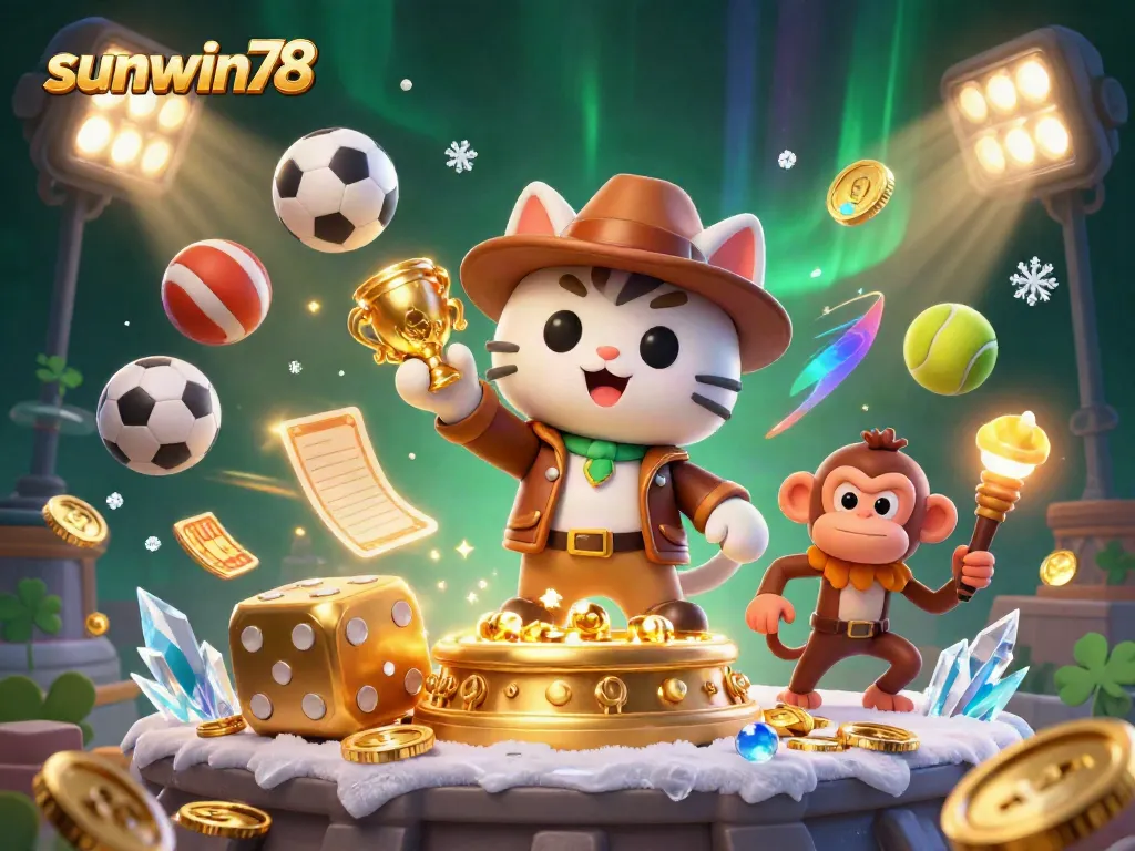 Engage in thrilling gaming with sunwin78 as a cat archaeologist discovers a golden artifact surrounded by dynamic sports elements.