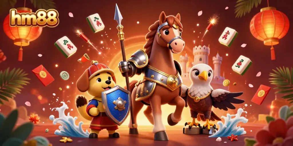 Experience thrilling wins with hm88 in this vibrant 3D casino scene featuring medieval knight and dynamic game elements.