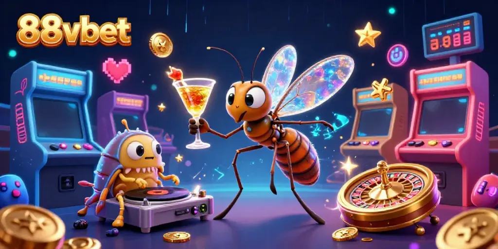 88vbet casino engagement scene with a frozen-in-amber mosquito mascot and immersive gaming elements.