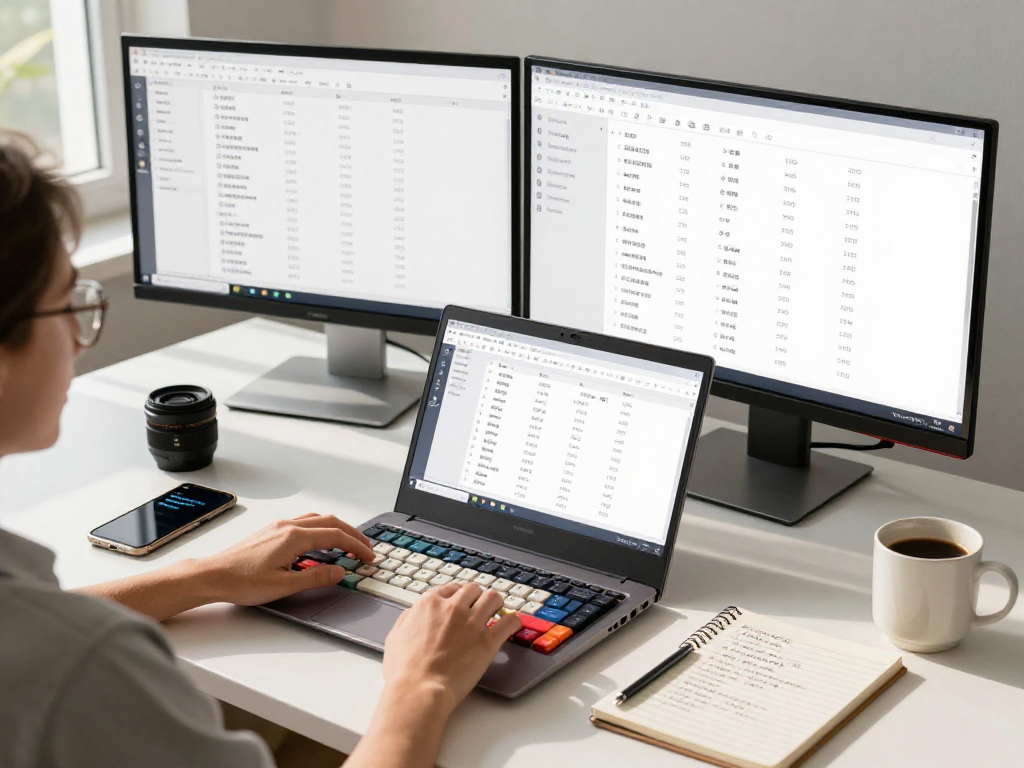 Engaging workspace showcasing 搜狗拼音输入法下载 on a laptop, with vibrant keyboard and dual monitors, reflecting modern productivity.