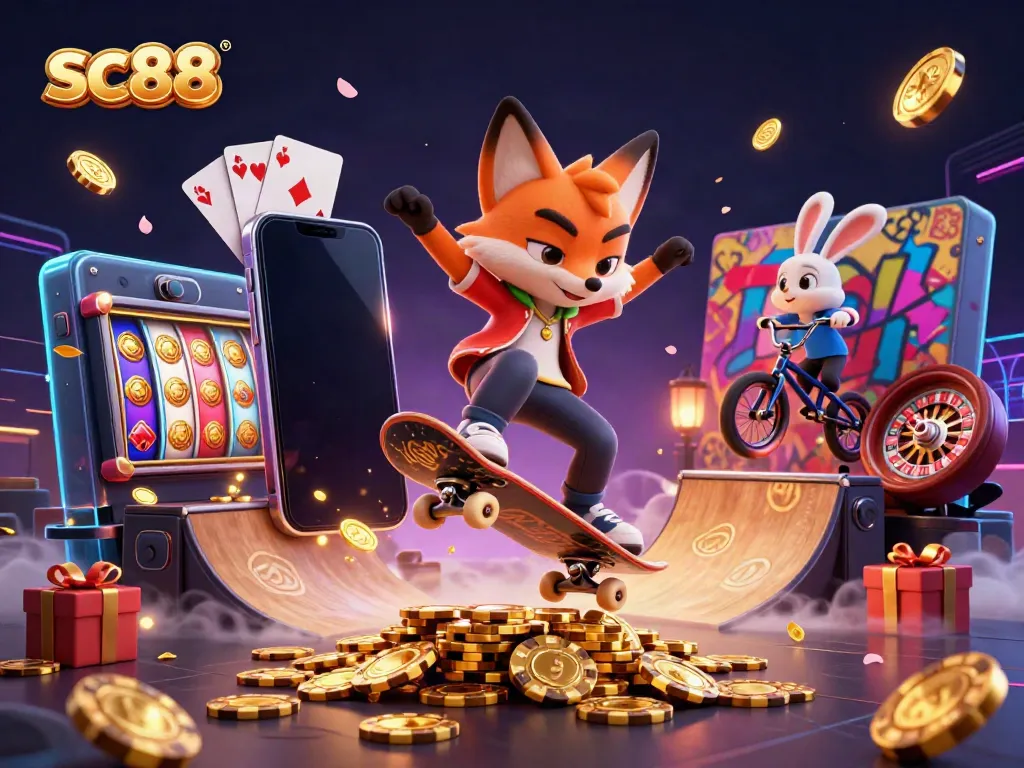 Experience thrilling gameplay with sc88 as a fox and rabbit conquer golden poker chip ramps and slot games.
