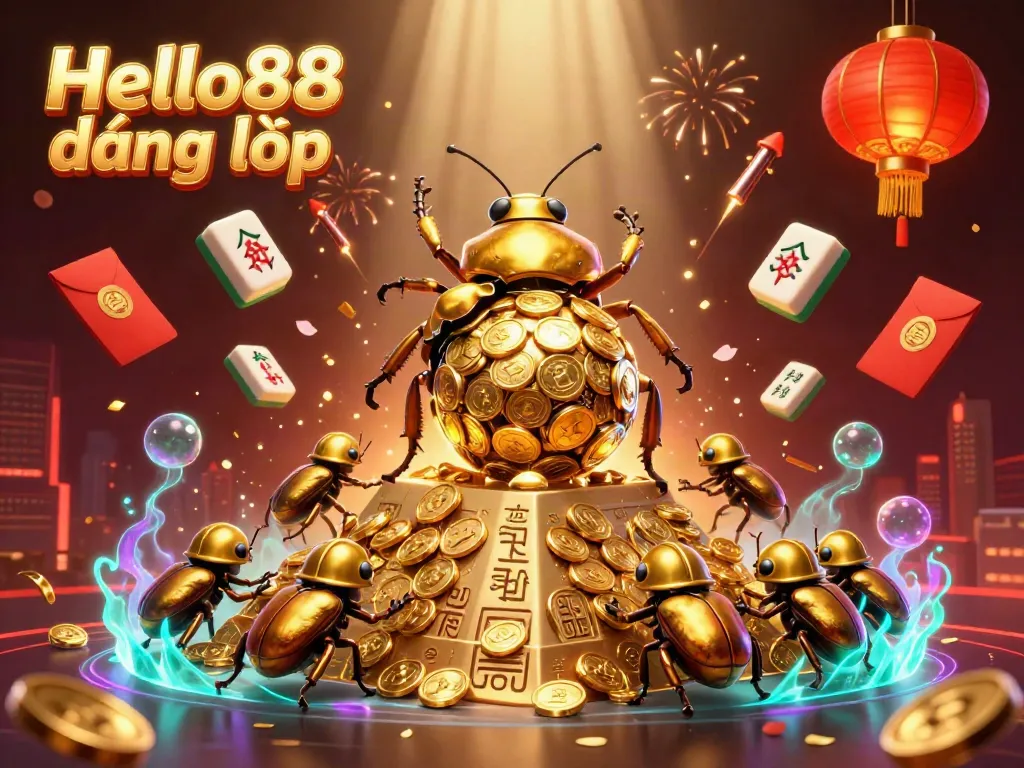 Engage with Hello88 đăng nhập as a golden beetle rolls coins up a pyramid in this casino scene.