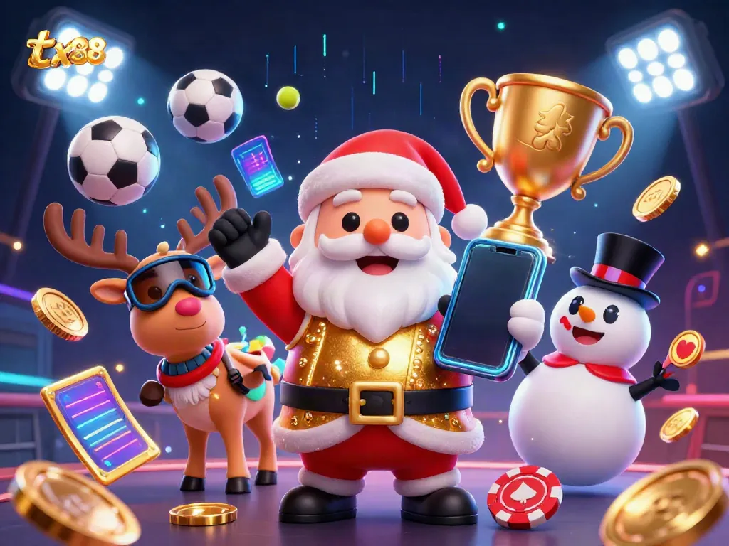 Experience the thrill of tx88 with this vibrant 3D casino illustration showcasing festive characters in a dynamic gambling scene.