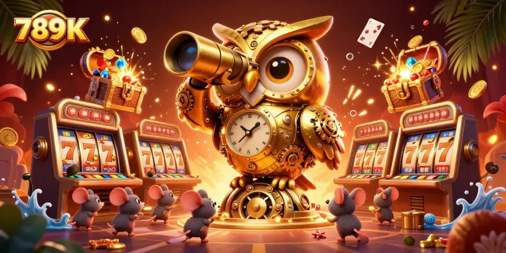 Engage with 789 K in this vibrant casino scene featuring a golden owl and dynamic game elements.