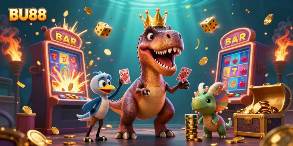 Experience BU88's thrilling casino atmosphere with friendly dinosaurs amidst golden jackpots and vibrant games.