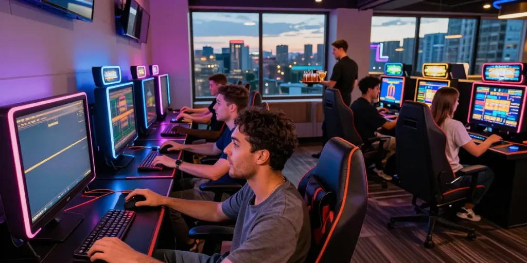 Exciting slot gaming atmosphere with diverse players enjoying thrilling games in a modern lounge setting.
