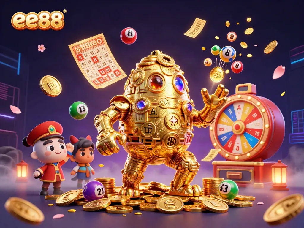 Engage with the vibrant world of ee88, where a magical golem and colorful lottery elements come alive.