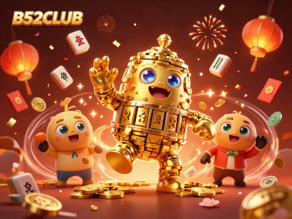 Experience the vibrant excitement of B52CLUB with a golden golem and festive decorations.