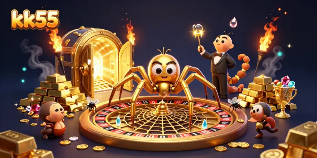 Experience excitement at kk55 with a captivating scene featuring a golden spider and a fly betting at a roulette wheel.