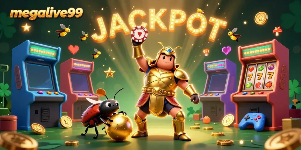 Ilustrasi 3D cerah dari megalive99 dengan karakter unik dan elemen permainan kasino yang dinamis.