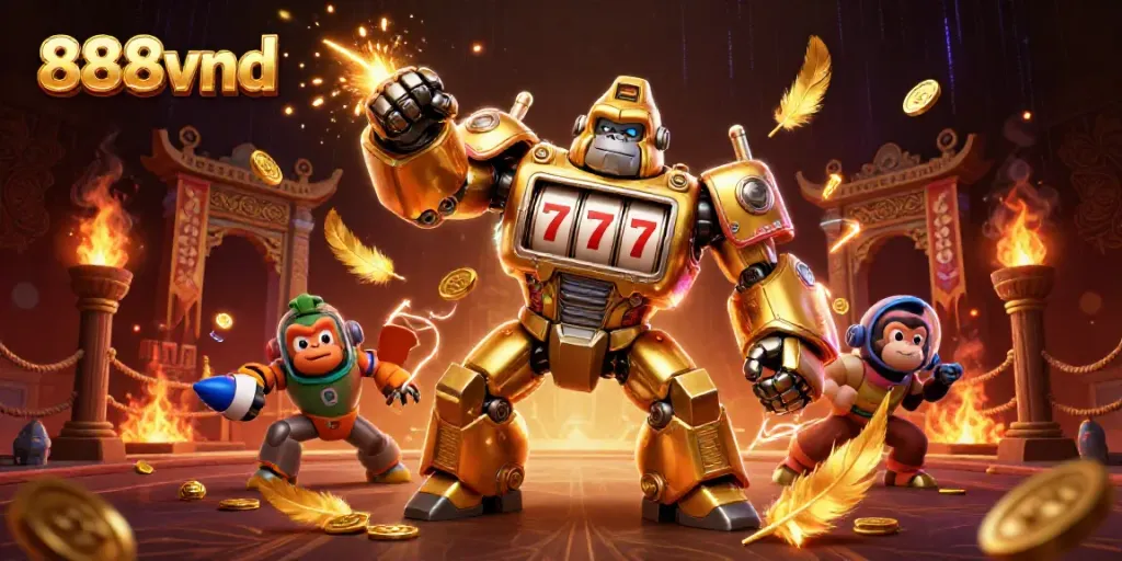 Win big with 888vnd in an action-packed casino setting featuring a golden gorilla mech.
