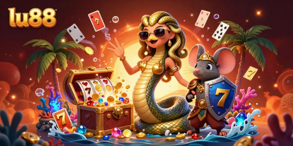 Experience lively gaming at lu88 with Medusa and a warrior mouse in this vibrant, dynamic scene.