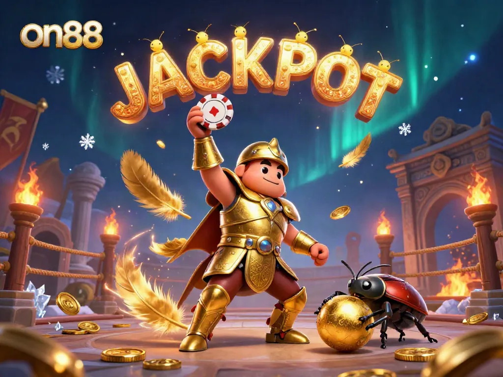 Experience the thrilling action of on88 as a heroic beetle lifts a poker chip, surrounded by dynamic casino elements.