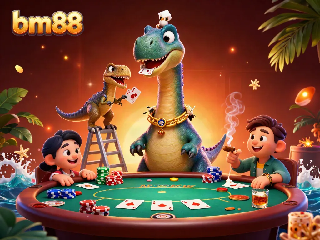 Engage with the thrilling world of bm88 as a brontosaurus oversees a vibrant casino poker scene.