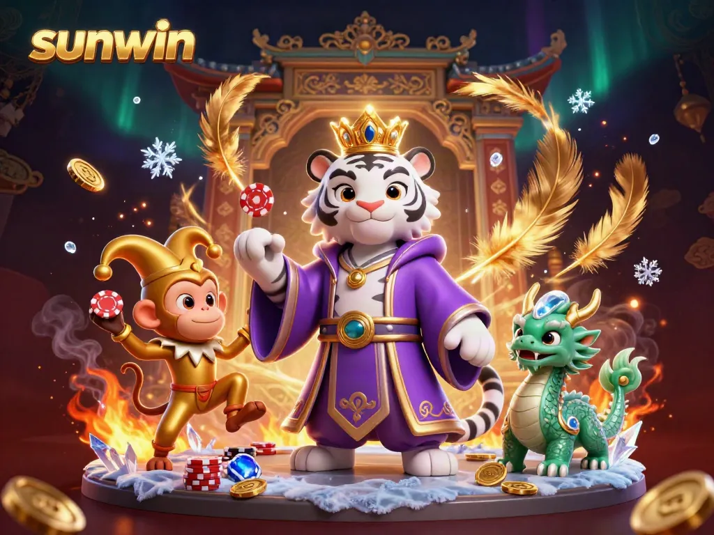 Sunwin's vibrant gaming scene features a majestic royal tiger and a playful monkey, set in a rich casino ambiance.