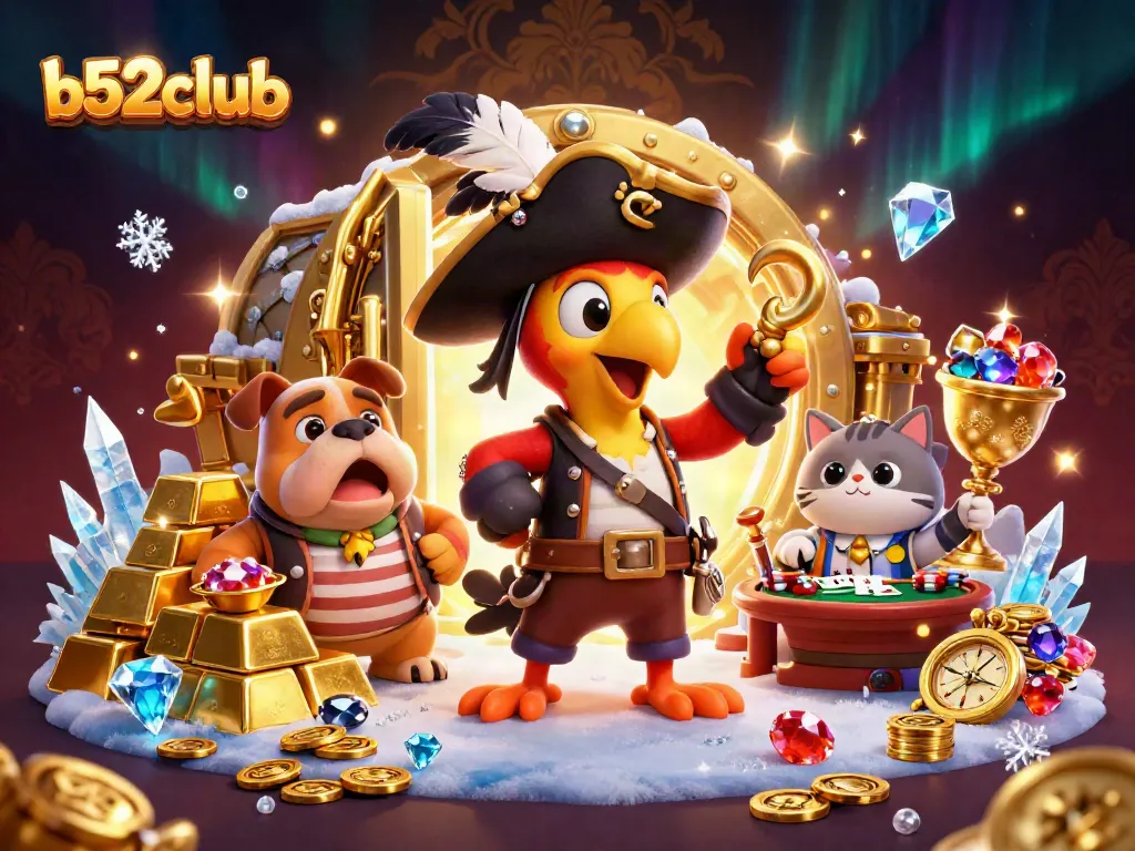 Engage with b52club in this vibrant casino-themed illustration featuring dynamic pirate characters and gambling elements.
