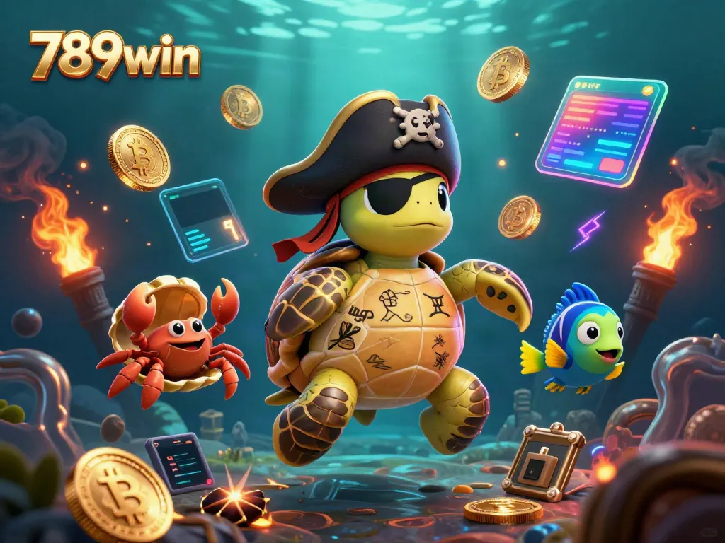 Join the adventure of 789win with a cartoon pirate turtle and friends above a treasure site.