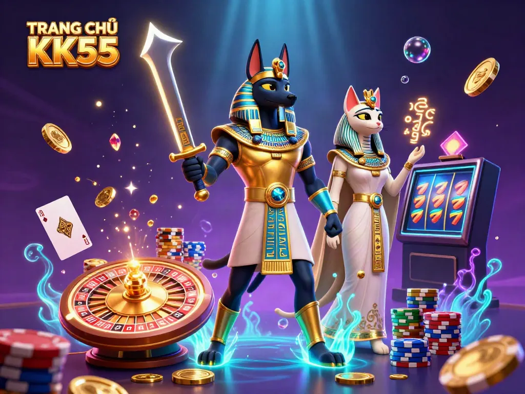 Experience the thrill of TRANG CHỦ KK55 with a stunning 3D illustration of Anubis and Bastet surrounded by casino elements.